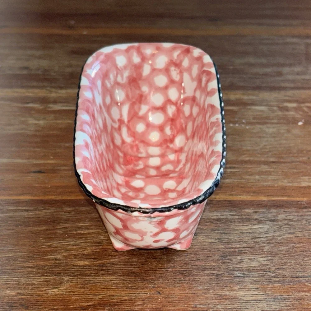 Vintage ENESCO IMPORTS JAPAN Ceramic BATHTUB Pink/White SPONGEWARE Soap Dish